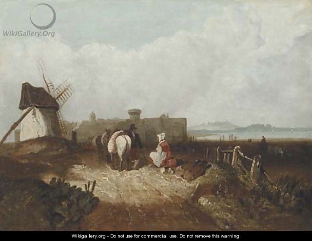 Figures resting by a windmill, a fortified town beyond - (after) Richard Parkes Bonington