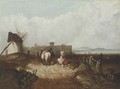 Figures resting by a windmill, a fortified town beyond - (after) Richard Parkes Bonington