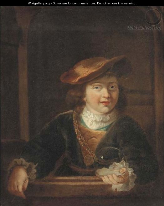 A boy in a cap wearing a gold chain holding a bubble, at a casement - (after) Rembrandt Van Rijn