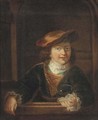 A boy in a cap wearing a gold chain holding a bubble, at a casement - (after) Rembrandt Van Rijn