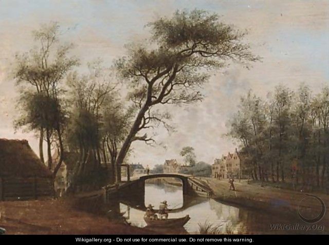 A river landscape with a fisherman in a boat before a bridge, a town beyond - (after) Rafael Govertsz. Camphuysen