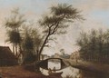 A river landscape with a fisherman in a boat before a bridge, a town beyond - (after) Rafael Govertsz. Camphuysen