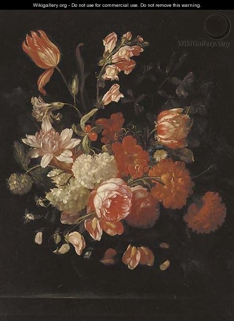 Tulips, roses, chrysanthemums, carnations, morning glory and other flowers in a glass vase on a ledge - (after) Rachel Ruysch