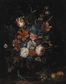 Roses, Tulips, Lillies, Carnations, Convolvulus and other Flowers in an ornamental Vase with Apples - (after) Rachel Ruysch