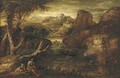 A mountainous river landscape with two soldiers at rest - (after) Rosa, Salvator