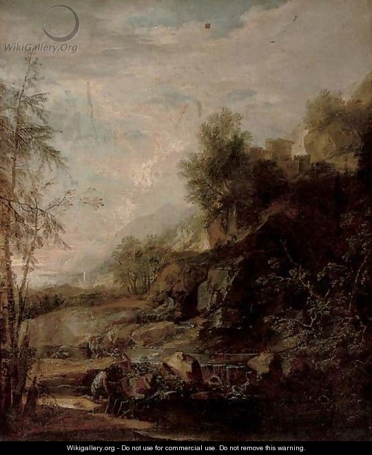 A mountainous landscape with anglers by a river - (after) Rosa, Salvator