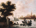 Fishermen laying lobster pots from a rowing boat on a river - (after) Salomon Van Ruysdael