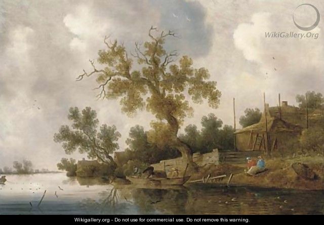 A wooded river landscape with fishermen and other figures - (after) Salomon Van Ruysdael