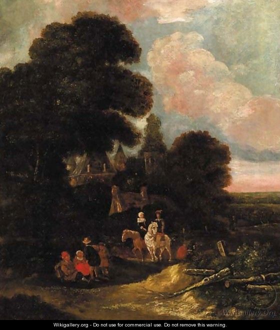 Falconers on a path, in a wood - (after) Salomon Rombouts