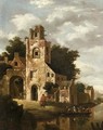 A ruined castle by a river, with a ferry setting out - (after) Roelof Jansz. Van Vries