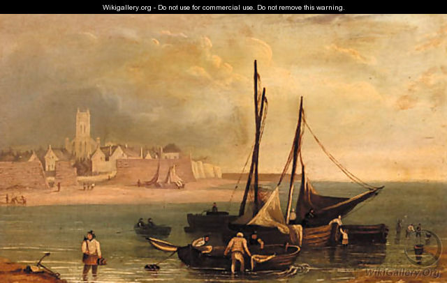 Fishermen by their boats close to shore with a town beyond - (after) Robert Salmon