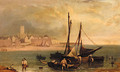 Fishermen by their boats close to shore with a town beyond - (after) Robert Salmon