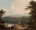 An Italianate wooded river landscape with anglers conversing on the bank with classical buildings beyond - (after) Richard Wilson
