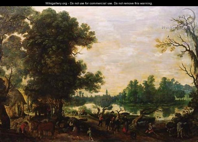 Peasants returning from market on a road by a river - (after) Sebastian Vrancx