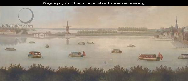 Barges on a lagoon by a Dutch settlement - (after) Samuel Scott