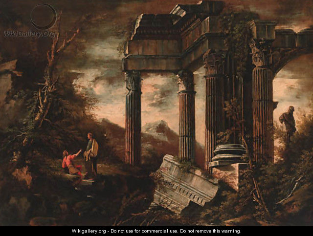 Figures resting before a classical ruin - (after) Rosa, Salvator