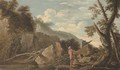A wooded river landscape with figures in the foreground and a castle beyond - (after) Rosa, Salvator