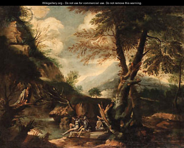 A wooded Italianate landscape with banditti on an outcrop - (after) Rosa, Salvator