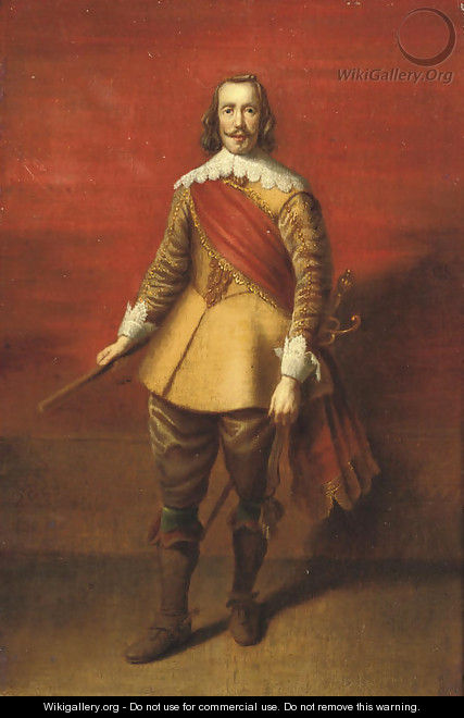 Portrait of a Nobleman, full-length, in a gold embroidered yellow costume with lace cuffs and collar and a red sash - (after) Dyck, Sir Anthony van
