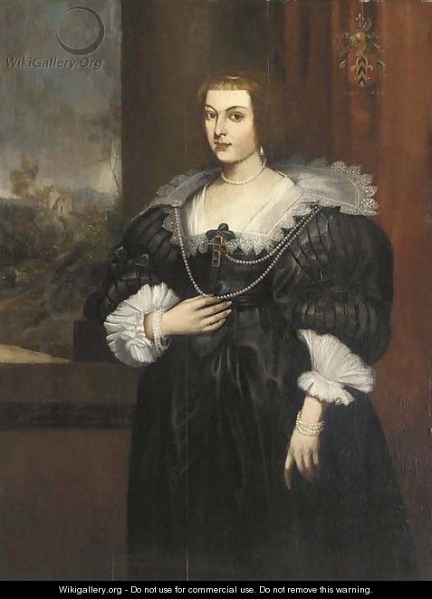 Portrait of a lady, three-quarter-length, in a black silk dress with a white lace collar and a pearl necklace with a crucifix - (after) Dyck, Sir Anthony van