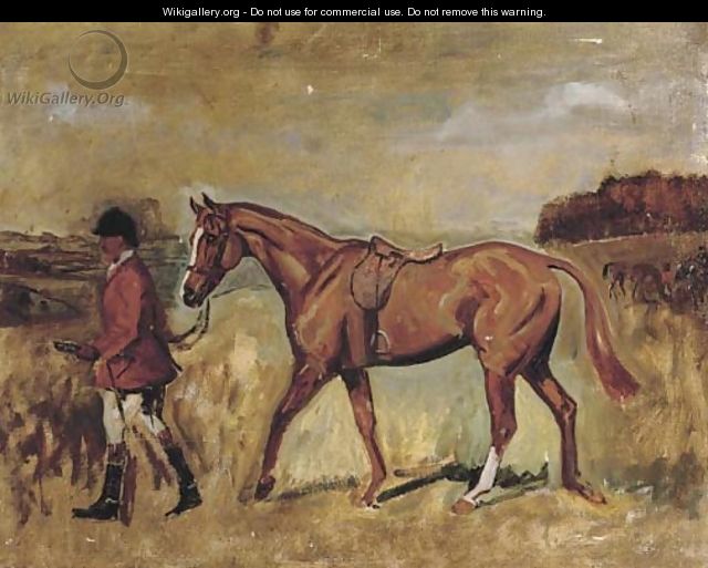 A gentleman with his hunter in an extensive landscape - (after) Sir Alfred James Munnings