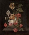 Roses, parrot tulips, an iris, anemones and a sunflower in a glass vase on a stone ledge - (after) Simon Pietersz. Verelst