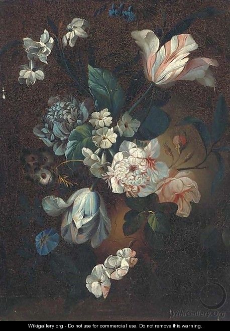 Parrot tulips, chrysanthemums, morning glory and other mixed flowers in an urn - (after) Simon Pietersz. Verelst