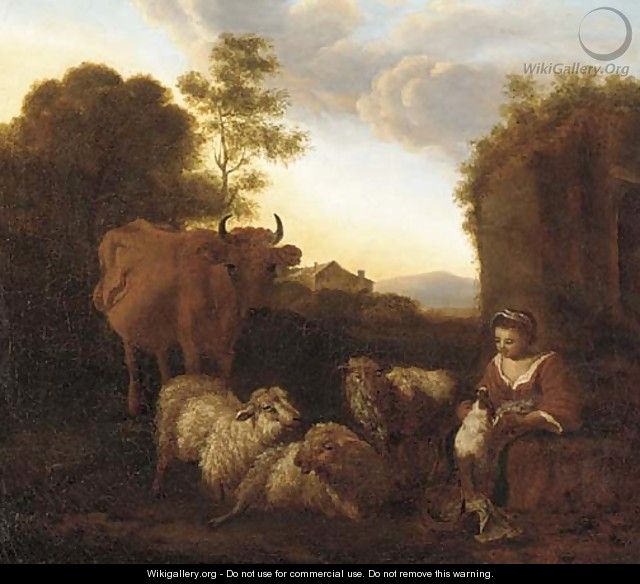 A Shepherdess with her livestock at dusk - (after) Simon Van Der Does