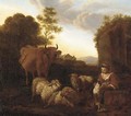 A Shepherdess with her livestock at dusk - (after) Simon Van Der Does