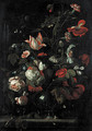 Roses, tulips, carnations and other flowers in a glass vas on a stone ledge - (after) Simon Pietersz. Verelst