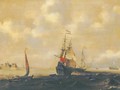 A Dutch three-master and other shipping in a breeze, a city in the distance - (after) Simon De Vlieger