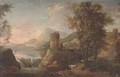 A landscape with figures under a tower by a waterfall - (after) Sebastiano Ricci