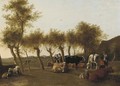 A landscape with a milkmaid and a herder with cows and sheep, an elegant couple on a tree-lined path beyond - (after) Paulus Potter