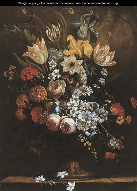 Flowers in a sculpted vase on a stone ledge - (after) Paul Theodor Van Brussel