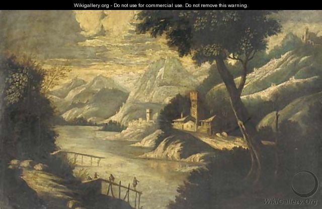 A mountainous river landscape with figures on a pier and fortified towns beyond - (after) Paul Bril