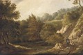 Figures before a cottage in a wooded landscape; and A drover with cattle and sheep on a wooded path - (after) Patrick Nasmyth