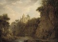 Anglers on the bank of a river gorge, Rosslyn castle beyond - (after) Patrick Nasmyth
