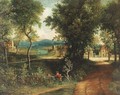 An angler in a wooded landscape with a village beyond - (after) Patrick Nasmyth