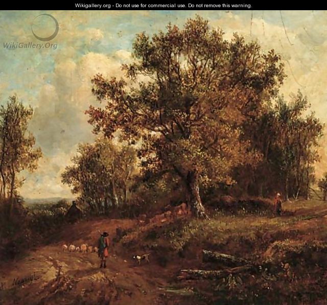 A shepherd and his dog herding sheep along a country track - (after) Patrick Nasmyth