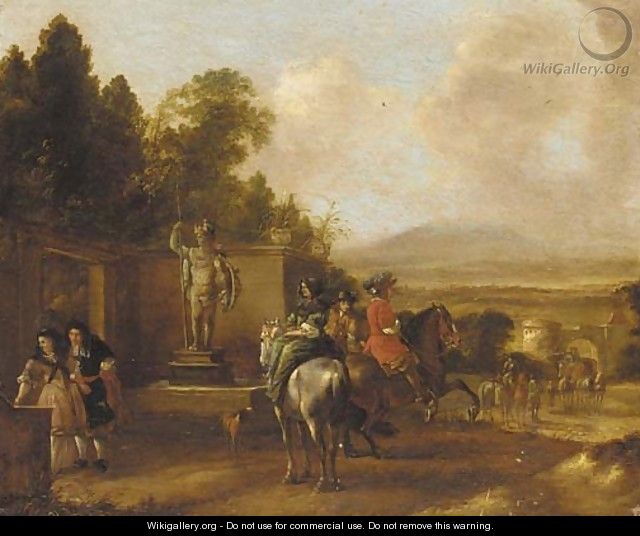 Horsemen and elegant figures before a statue - (after) Philips Wouwerman