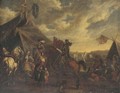 Cavalry officers with their chargers and a mounted trumpeter before a sutler's booth, an encampment beyond - (after) Philips Wouwerman