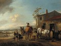 A hawking party halting at a blacksmith's shop - (after) Philips Wouwerman