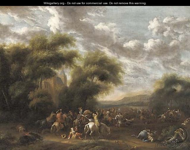 A cavalry skirmish in a wooded landscape - (after) Philips Wouwerman