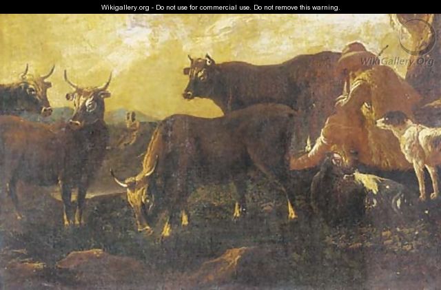 A herdsman resting with his cattle and dog - (after) Philipp Peter Roos