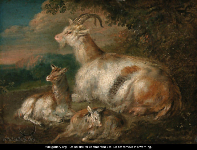 Goats and a kid in a wooded landscape - (after) Philipp Peter Roos