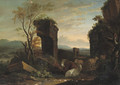 An Italianate landscape with cattle among ancient ruins, a river and a waterfall beyond - (after) Philipp Peter Roos