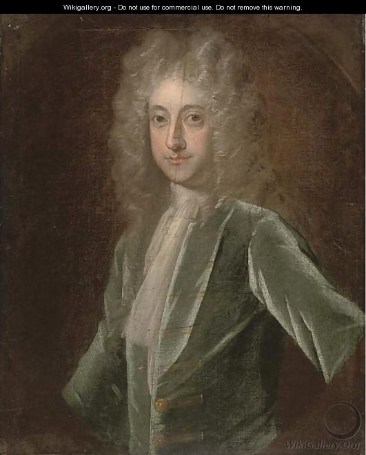 Portrait of a gentleman, half-length, in a green coat and white stock, feigned oval - (after) Mercier, Philippe