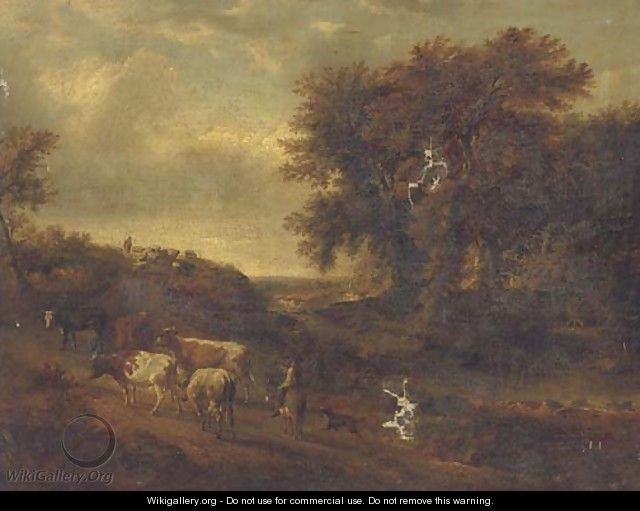A wooded landscape with a herdsman and his cattle on a track - (after) Philip Jakob