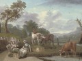 A wooded river landscape with cattle and figures in the foreground, cottages beyond - (after) Philip Jacques De Loutherbourg