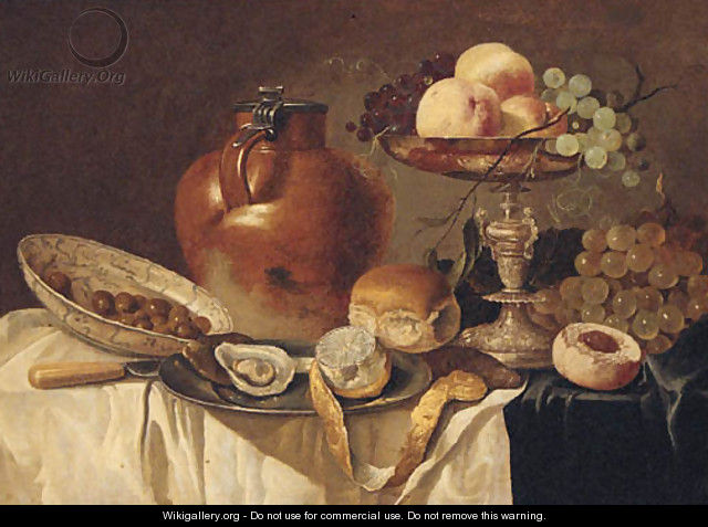 An oyster and a peeled lemon on a pewter plate - (after) Pieter Claesz